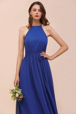 Elegant Halter Royal Blue Ruched Chiffon Bridesmaid Dress Front Slit Long Wedding Guest Dress_8