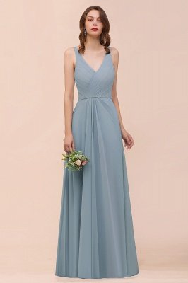 Elegant V-Neck Dusty Blue Chiffon Bridesmaid Dress Sleeveless Floor Length Wedding Guest Dress_1