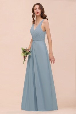 Elegant V-Neck Dusty Blue Chiffon Bridesmaid Dress Sleeveless Floor Length Wedding Guest Dress_6