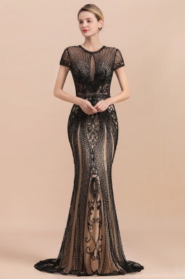 Stunning Beading Slim mermaid Prom Dress Short Sleeve Floor Length Evening Dress