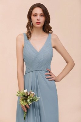 Elegant V-Neck Dusty Blue Chiffon Bridesmaid Dress Sleeveless Floor Length Wedding Guest Dress_4