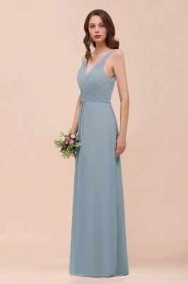 Elegant V-Neck Dusty Blue Chiffon Bridesmaid Dress Sleeveless Floor Length Wedding Guest Dress_9