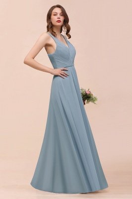 Elegant V-Neck Dusty Blue Chiffon Bridesmaid Dress Sleeveless Floor Length Wedding Guest Dress_7