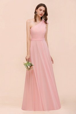 One Shoulder Pink  Bridesmaid Dress Sleeveless Chiffon Long Wedding Guest Dress_6