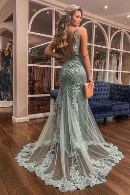Trendy V-neck Lace Appliques Sweep Train Mermaid Prom Dresses UK Designs_2