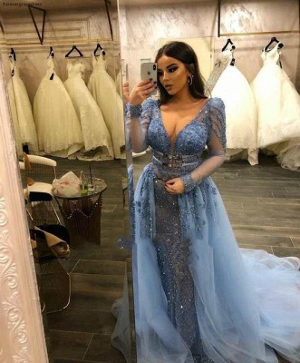 Luxurious V-neck Long Sleeves Belted Mermaid Crystal Beading Tulle Dresses with Overskirt_2