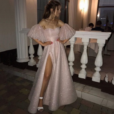 Sweetheart Off-the-shoulder Puffy Sleeves Sequins A-line Slit Prom Dresses_1