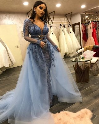 Luxurious V-neck Long Sleeves Belted Mermaid Crystal Beading Tulle Dresses with Overskirt_3