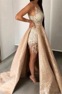 Sleeveless Lace Appliques Mermaid Prom Gowns with Sweep Train_1