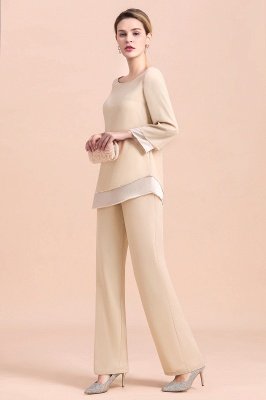 Round-Neck Champagne Chiffon Mother of Bride Jumpsuit for Wedding Guest_5
