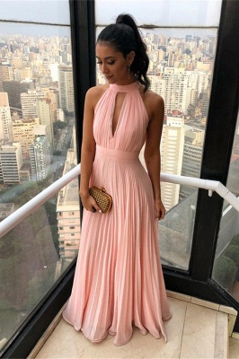 Ruffled Chiffon Keyhole Neckline A-line Long Prom Dresses_1