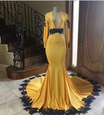 Long Sleeves V-neck Black Appliques Golden Mermaid Prom Dresses_2