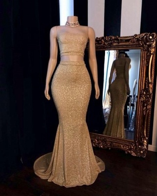 Strapless Two-pieces Golden Shinny Mermaid Prom Dresses_2