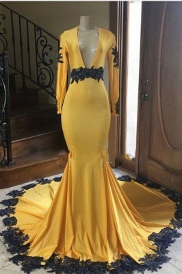 Long Sleeves V-neck Black Appliques Golden Mermaid Prom Dresses_1