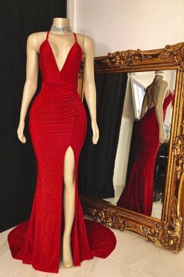 Spaghetti V-neck Criss-cross Red Long Mermaid Evening Dresses_1