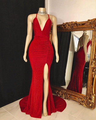 Spaghetti V-neck Criss-cross Red Long Mermaid Evening Dresses_2