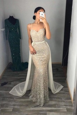 Silver Sequins Sweetheart Spaghetti Long Mermaid Dresses with Tulle Train_2