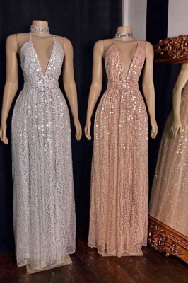 Sleeveless V-neck A-line Tulle Sequins Long Party Dresses_1