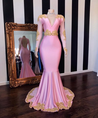 Golden Appliques Long Sleeves V-neck Mermaid Prom Dresses_2