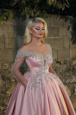 Illusion Long Sleeves Beading Appliques Princess Pink Prom Dresses_2