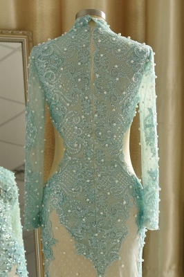 Long Sleeve High neck Mermaid Evening Dress Sage Lace Long Prom Dress_8