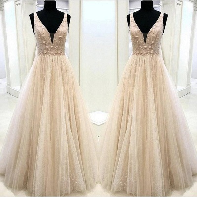 Gorgeous V-Neck Appliques Sleeveless A-Line Tulle Evening Dress UK_4