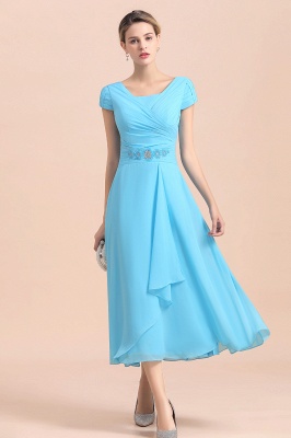 Blue Short Sleeves Chiffon Tea-Length Weddig Guest Dress