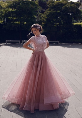 Newest High Neck Sequins Tassels Top Short Sleeves A-line Chiffon Pink Prom Dresses_6