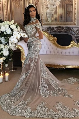 Silver Glamorous Lace Long-Sleeve Sexy Mermaid High-Neck Wedding Dresses UK BH-362_1