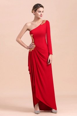 One-Shoulder Long Sleeves Ruffle Mother of Bride Dresses with Gold Appliques