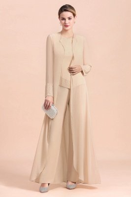 Champagne Long Chiffon Mother of the Bride Dress Three Pieces With Beadings