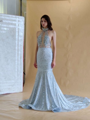 Halter Crystals Mermaid Prom Dress Beadings Long Evening Gown_7