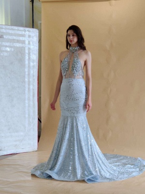 Halter Crystals Mermaid Prom Dress Beadings Long Evening Gown_8