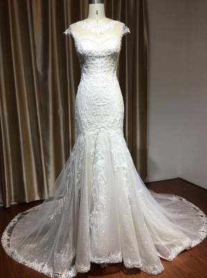Charming Mermaid Wedding Gown Lace Appliques Cap Sleeve Garden Wedding Dress_2