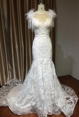 Lace Appliques Mermaid Wedding Gown Fur Leather Off Shoulder V-Neck Maxi Dress for Bri_2