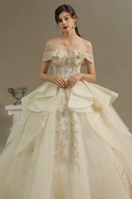 Gorgeous Off-the-Shoulder Floral Appliques Ball Gown  aline Bridal Gown_3