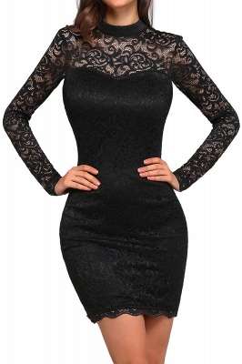 Short Black Long-Sleeves Lace High-Neck Party Dress UK_1