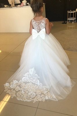 Cute White Tulle Little Girl Dress for Wedding Sleeveless Lace Appliques Flower Girl Dress
