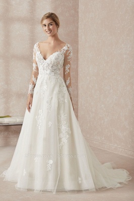 Elegant V-Neck Long Sleeve Wedding Dress A-line Lace Appliques Bridal Gowns_1