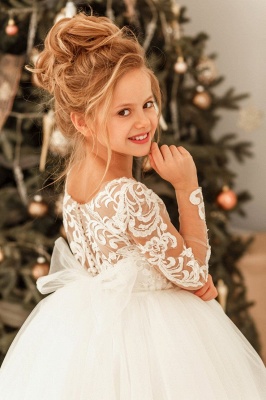 Long Sleeves White Tulle Appliques Flower Girl Dress Birthday Christmas  Party Dress for Girls with Bowknot_4