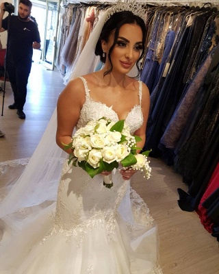 Modest Spaghetti Straps Tulle Lace Appliques Mermaid Wedding Dress Sweetheart Sleeveless Bridal Dress_2