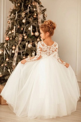Long Sleeves White Tulle Appliques Flower Girl Dress Birthday Christmas  Party Dress for Girls with Bowknot_2
