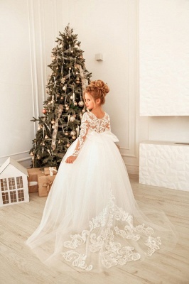 Long Sleeves White Tulle Appliques Flower Girl Dress Birthday Christmas  Party Dress for Girls with Bowknot_3