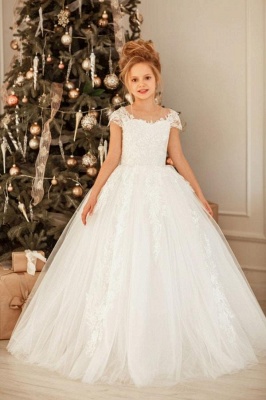Lovely Cap Sleeve Tulle White Little Girl Dress for Wedding Party_1