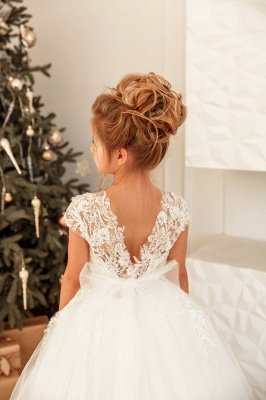Lovely Cap Sleeve Tulle White Little Girl Dress for Wedding Party_3