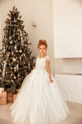 Lovely Cap Sleeve Tulle White Little Girl Dress for Wedding Party_4