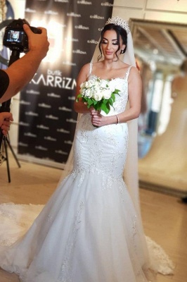 Modest Spaghetti Straps Tulle Lace Appliques Mermaid Wedding Dress Sweetheart Sleeveless Bridal Dress