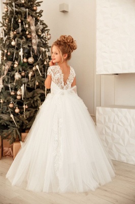 Lovely Cap Sleeve Tulle White Little Girl Dress for Wedding Party_5