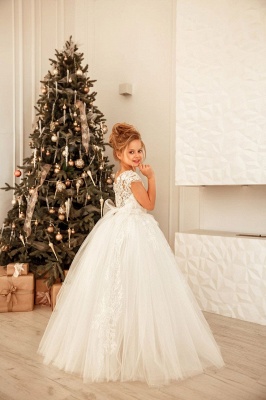 Lovely Cap Sleeve Tulle White Little Girl Dress for Wedding Party_2