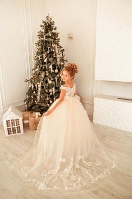 Cute Cap Sleeves Tulle Lace Appliques Christmas Party Dress White Flower Girl Dress for Princess_2